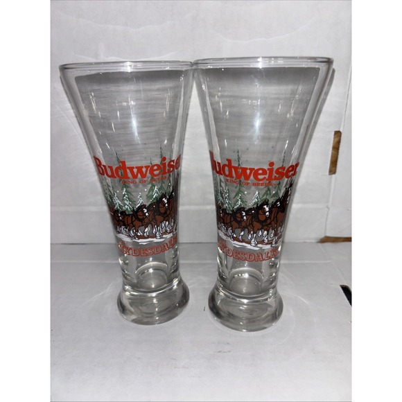Budweiser Other - Vtg 1989 Budweiser Pilsner Beer Glasses Clydesdale Winter Holiday Christmas set‎
